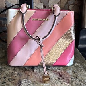 Michael Kors Pink and Gold Striped Women's Bag